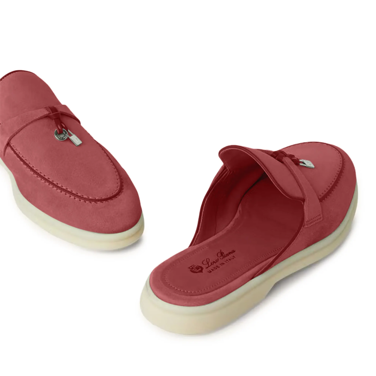Loro Piana Babouche Summer Charms Walk Suede Red Orchid Loafers