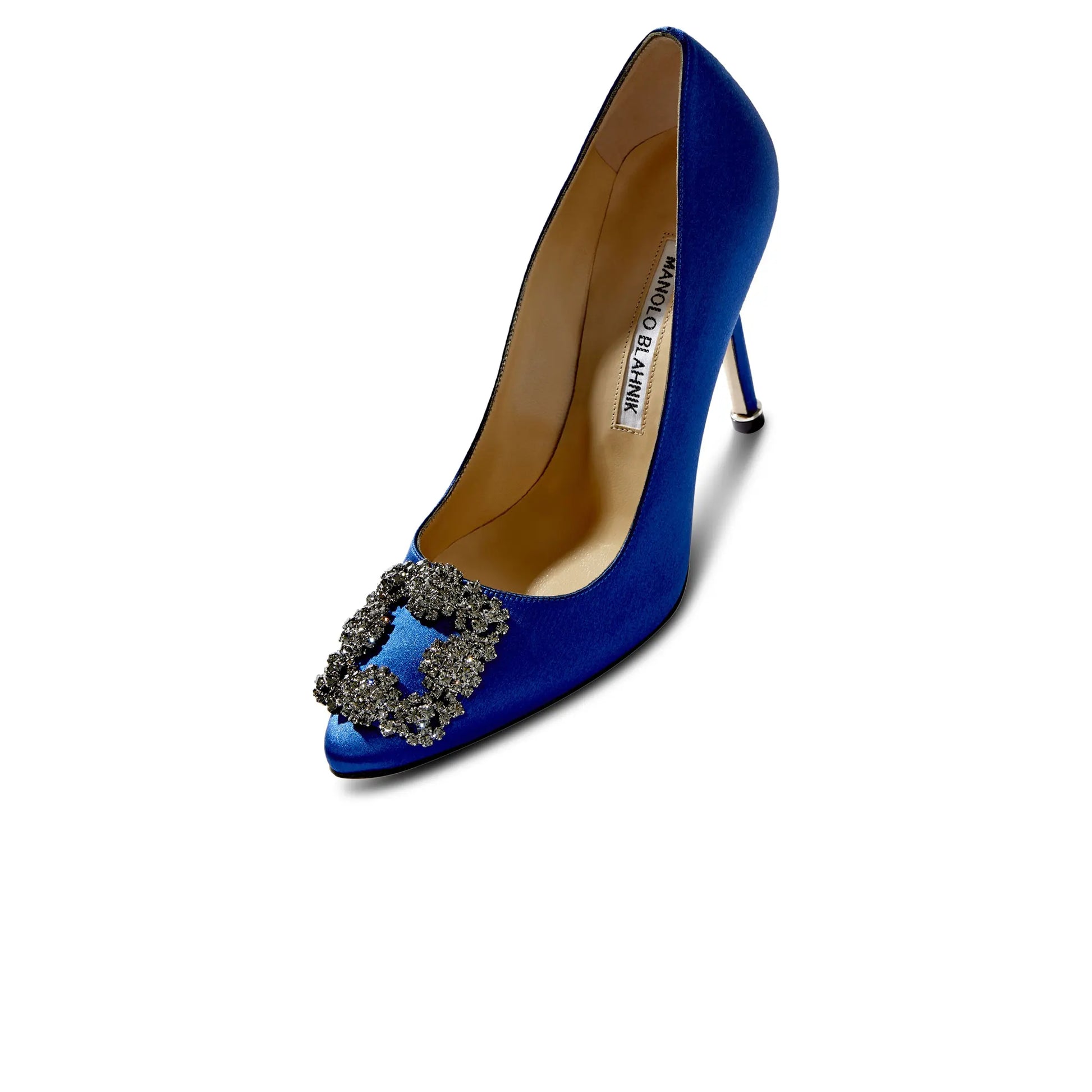 Manolo Blahnik Hangisi Blue Satin Jewel Buckle Heels