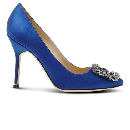 Manolo Blahnik Hangisi Blue Satin Jewel Buckle Heels